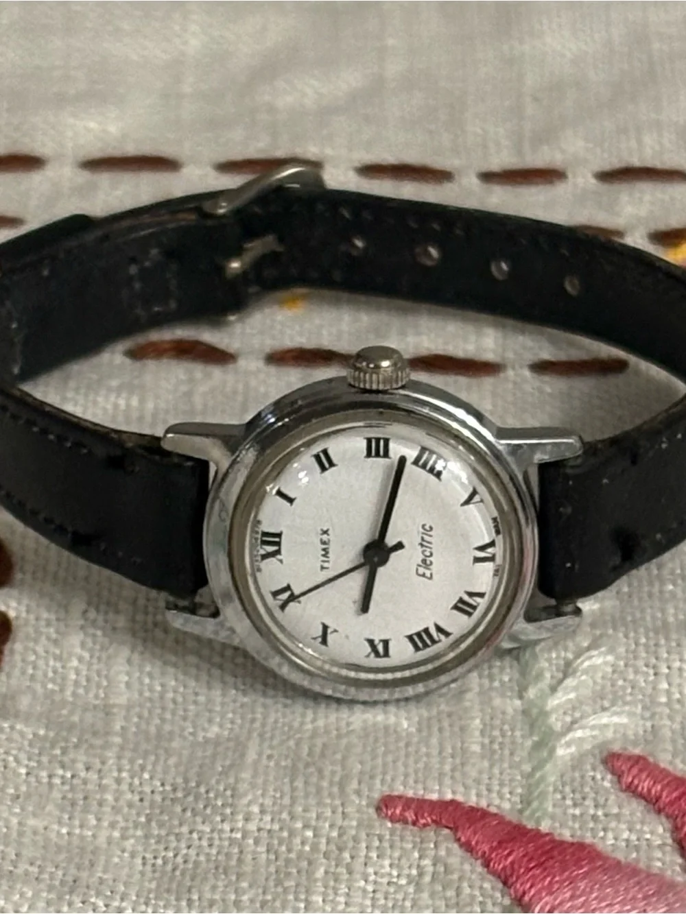 Timex Silver Case Black Leather Strap Women's Watch